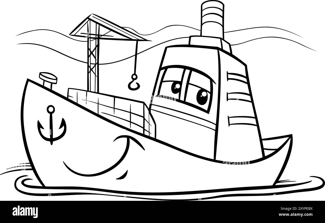 Illustration de dessin animé de drôle de la page de coloriage de personnage comique de navire conteneur Illustration de Vecteur