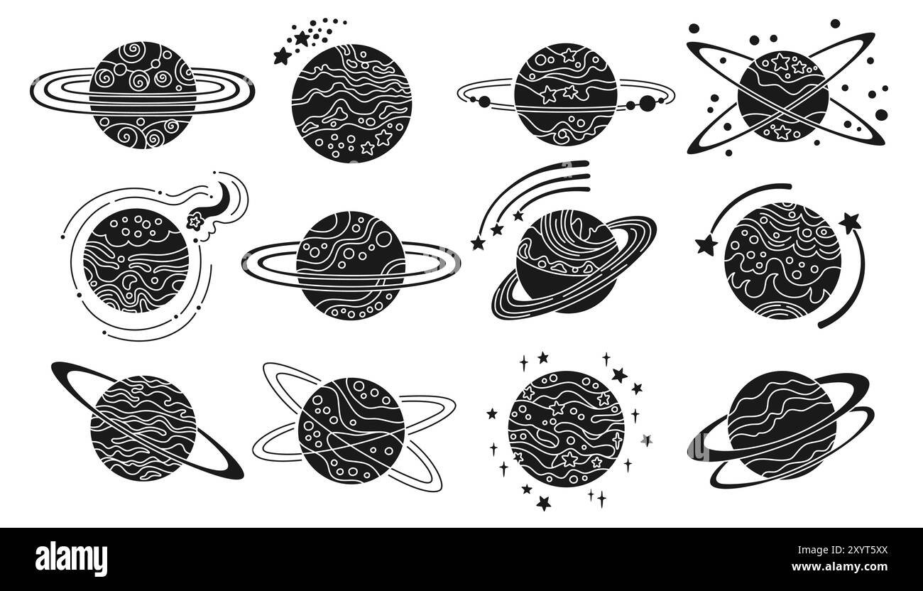 Planètes fantasy dessin animé ensemble pour les enfants. Conception abstraite des planètes galaxiques. Cosmos fantastique, collection céleste des sphères spatiales des planètes tampon. Illustration isolée de conception vectorielle Illustration de Vecteur