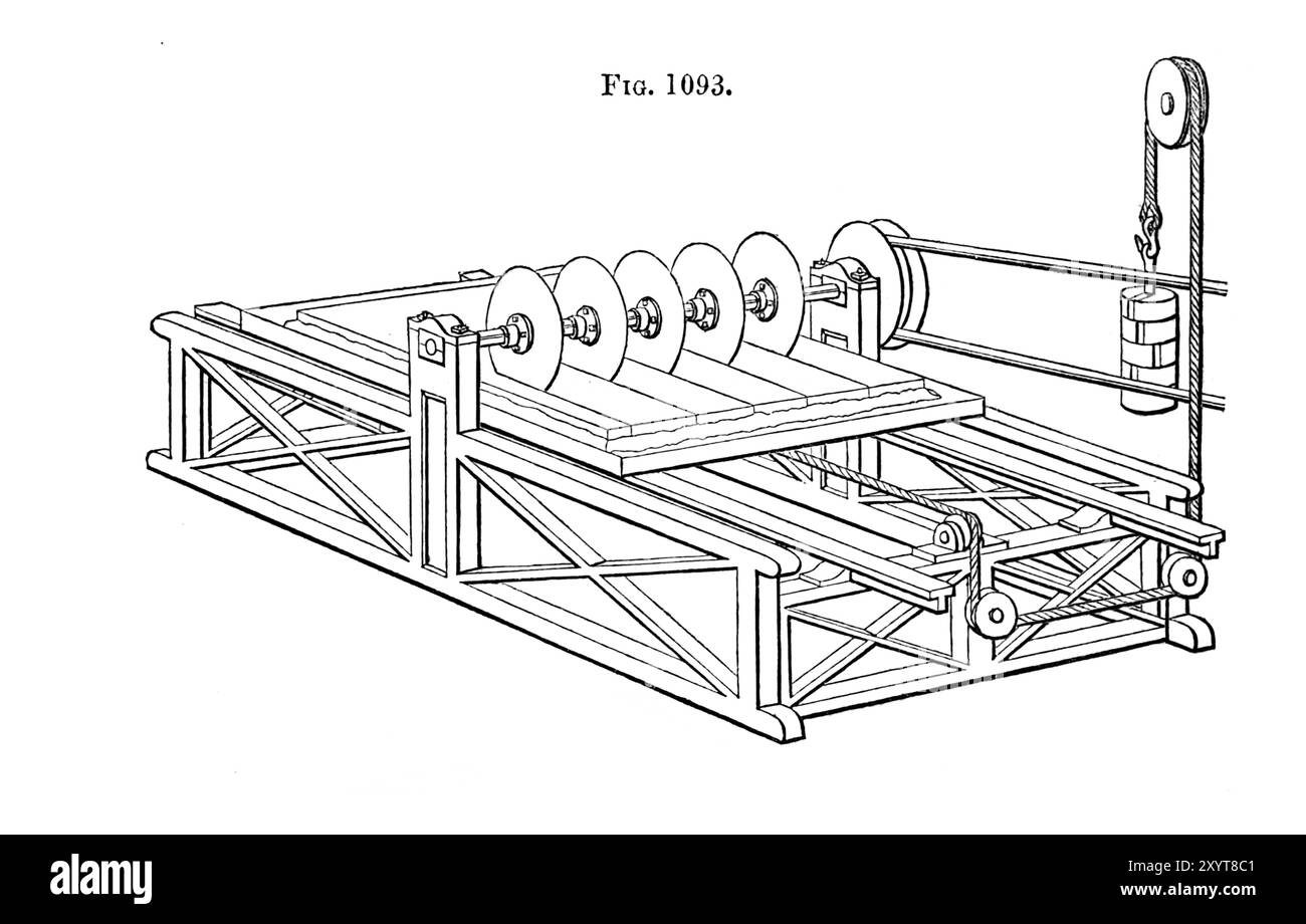 Machine à scier pour bandes étroites de marbre, illustration. De 'tournage et manipulation mécanique destiné comme un travail de référence générale et d'instruction pratique sur le tour, et les diverses activités mécaniques suivies par les amateurs', volume 3, par Charles Holtzapffel (1850). Banque D'Images