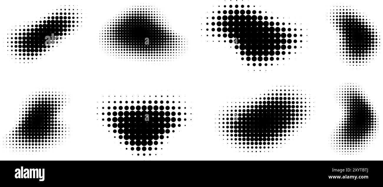 Figures demi-teintes abstraites, texture de points dégradés, effet de pulvérisation circulaire, formes rétro graphiques. Illustration de Vecteur