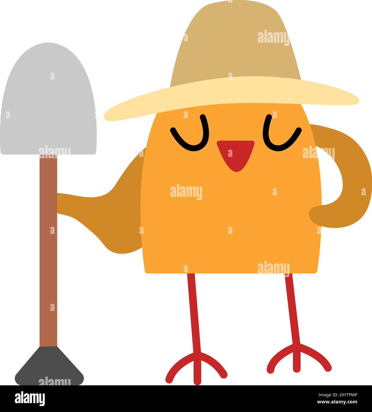 Vecteur oiseau dans le chapeau orange debout avec l'icône Spade. Clipart animal archéologue de dessin animé. Fouilles historiques de dinosaures ou fouilles scientifique ou explorateur Illustration de Vecteur