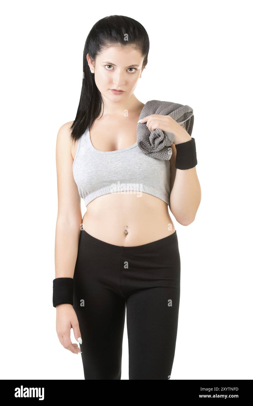 Couple avec une serviette autour de son cou après un entraînement de fitness, isolé en blanc Banque D'Images