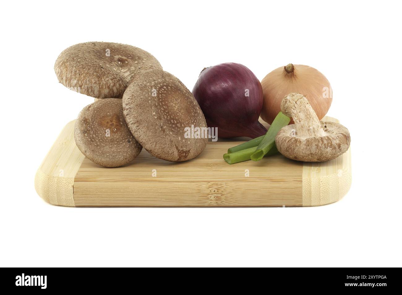 Champignons shiitake et divers types d'oignons sur une planche à découper en bois sur fond blanc. Recettes et herbes médicinales Banque D'Images