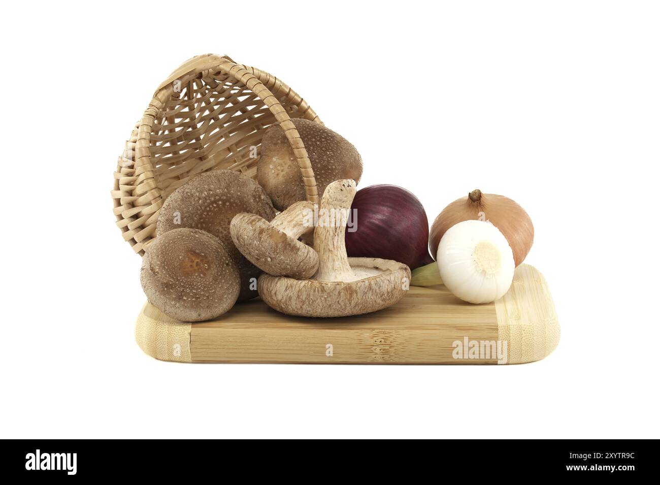 Champignons shiitake et divers types d'oignons sur une planche à découper en bois sur fond blanc. Recettes et herbes médicinales Banque D'Images