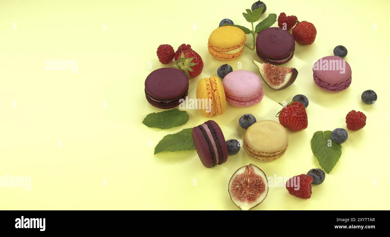 Scène vibrante d'une table remplie de macarons et de fruits contraste entre les macarons indulgents et les fruits sains Banque D'Images