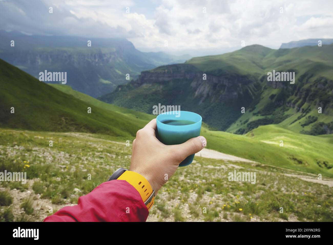 Vue de première personne d'une main d'homme tenant une tasse de thé en plastique contre un plateau de collines vertes et un ciel nuageux en été Banque D'Images