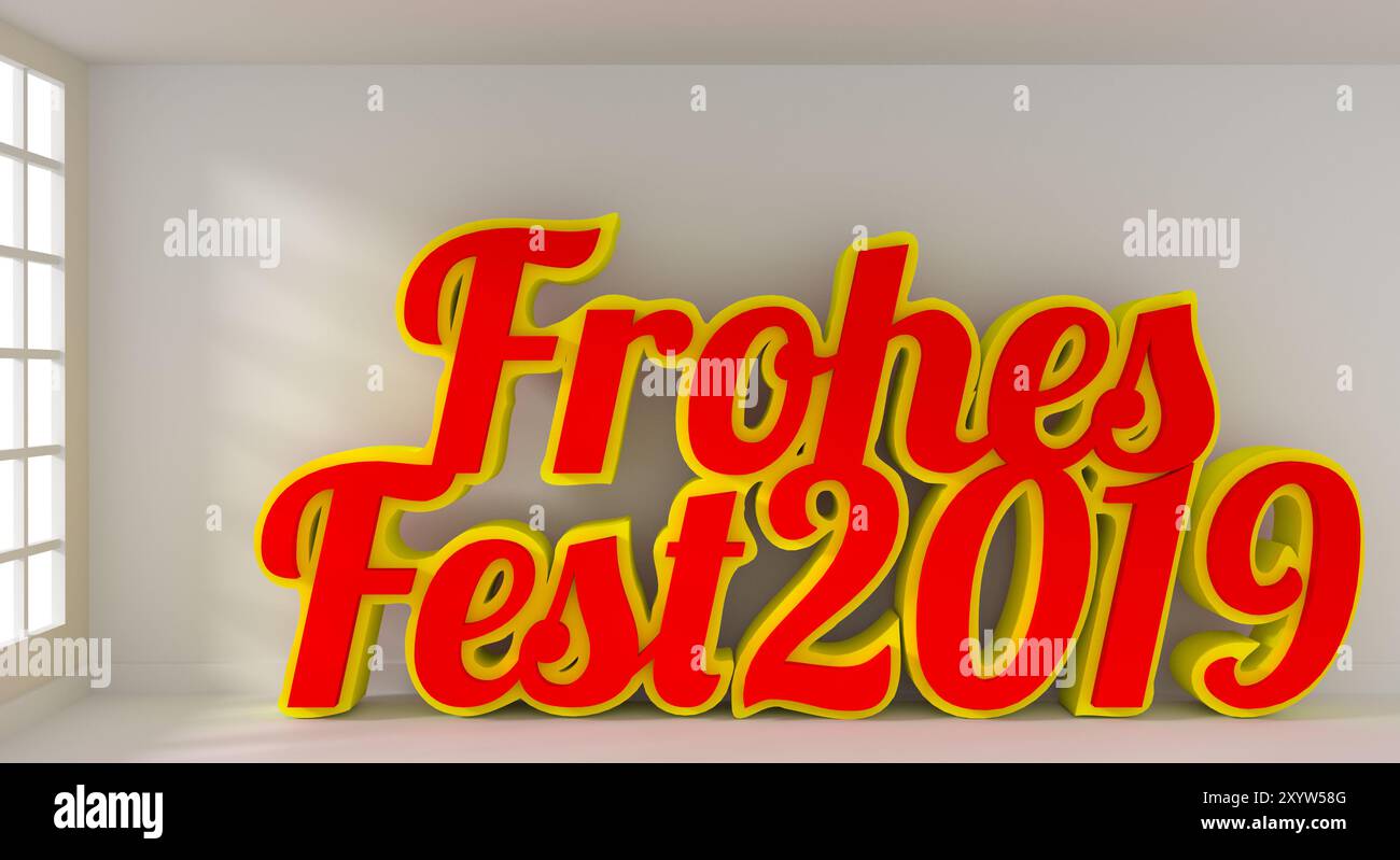 Mots allemand rouge Joyeux Noël 2019 dans une salle lumineuse avec espace pour texte ou l'image, rendu 3D Banque D'Images