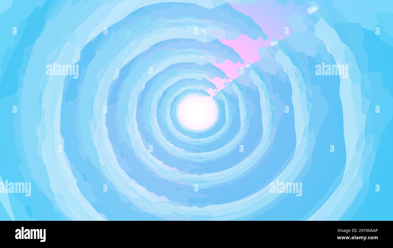 Une illustration numérique abstraite mettant en scène une spirale bleue tourbillonnante convergeant en une lueur centrale brillante. De subtiles nuances de rose accentuent la spirale, Illustration de Vecteur