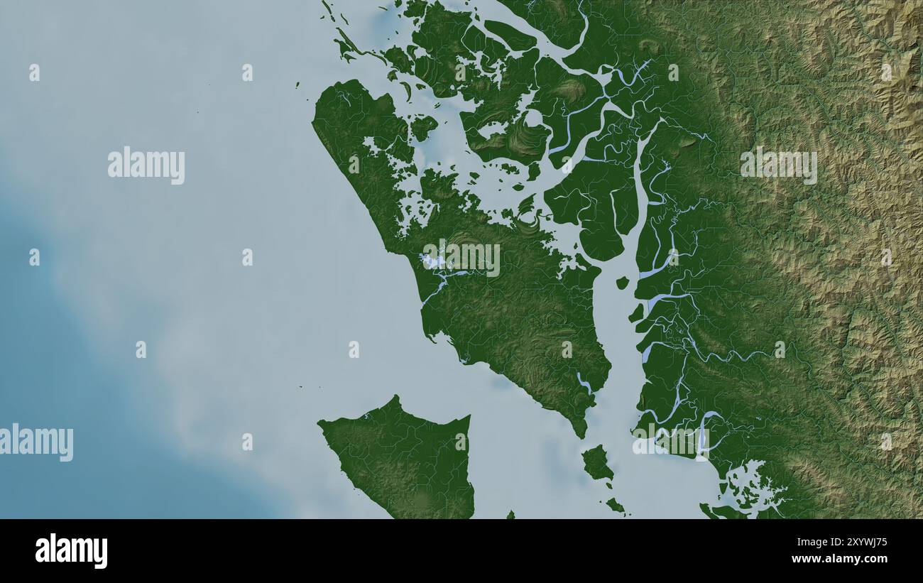 Ramree Island dans la baie du Bengale sur une carte d'altitude en couleur Banque D'Images