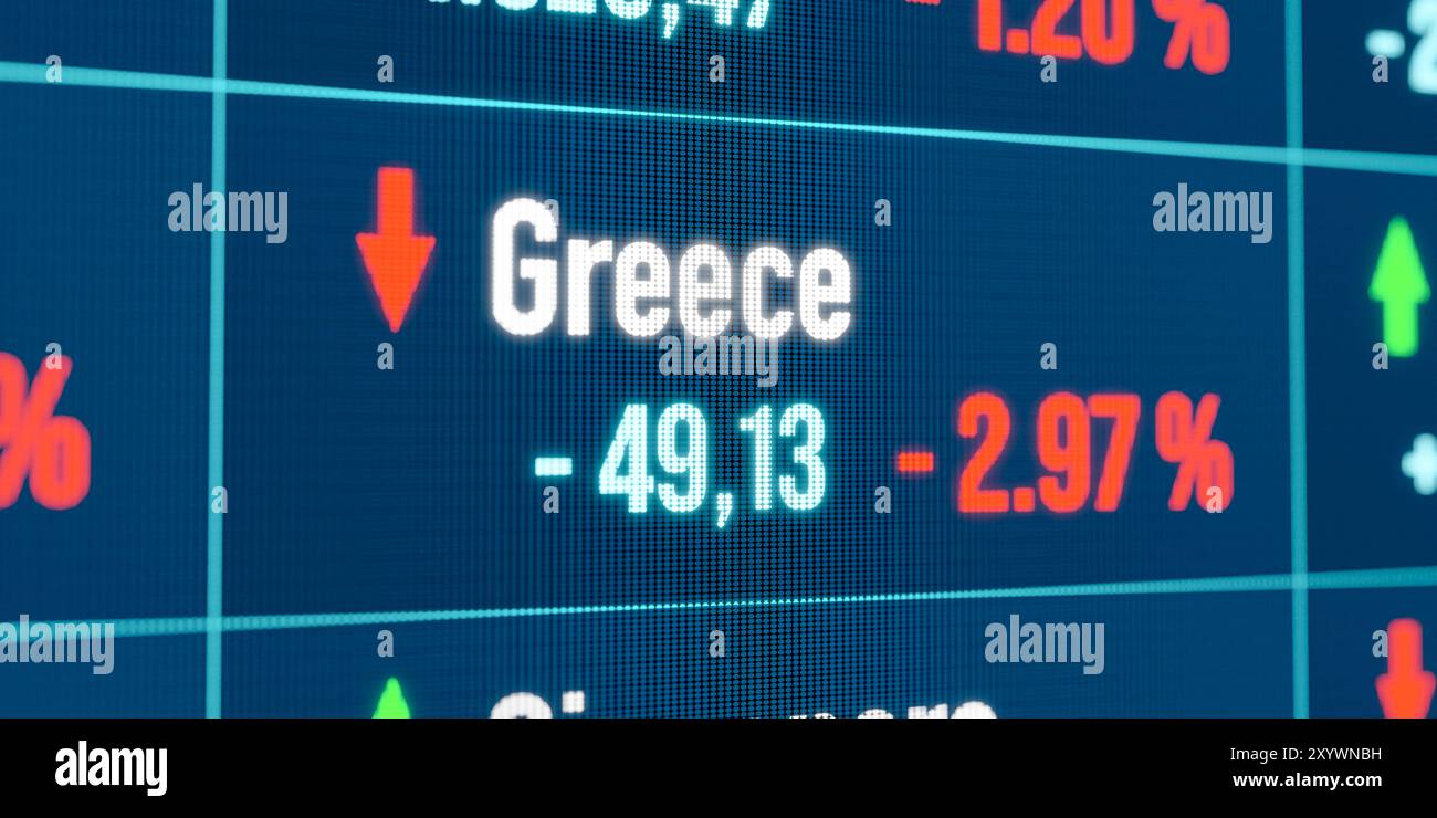 Grèce chute du marché boursier. Grèce chute du marché boursier. Récession, tendance négative, marché baissier, krach boursier, marchés financiers, perte. stock_m Banque D'Images