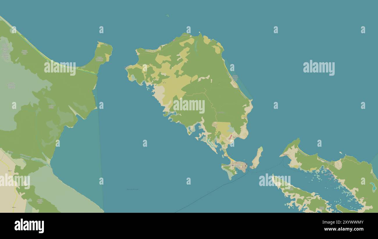 Isla Colon dans la mer des Caraïbes sur une carte topographique de style humanitaire OSM Banque D'Images