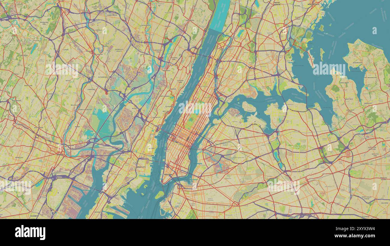 Manhattan Island dans l'océan Atlantique Nord sur une carte topographique de style humanitaire OSM Banque D'Images