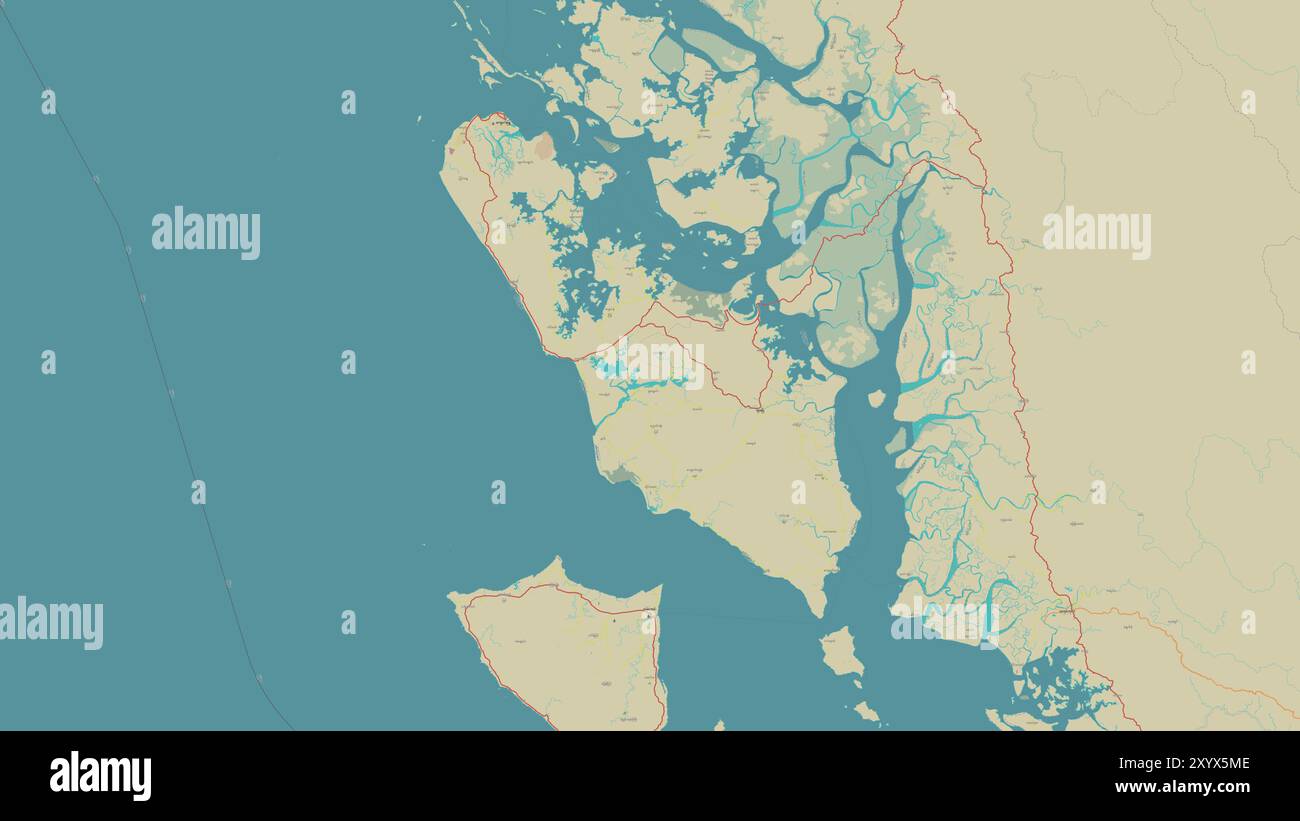 Île de Ramree dans la baie du Bengale sur une carte topographique de style humanitaire OSM Banque D'Images