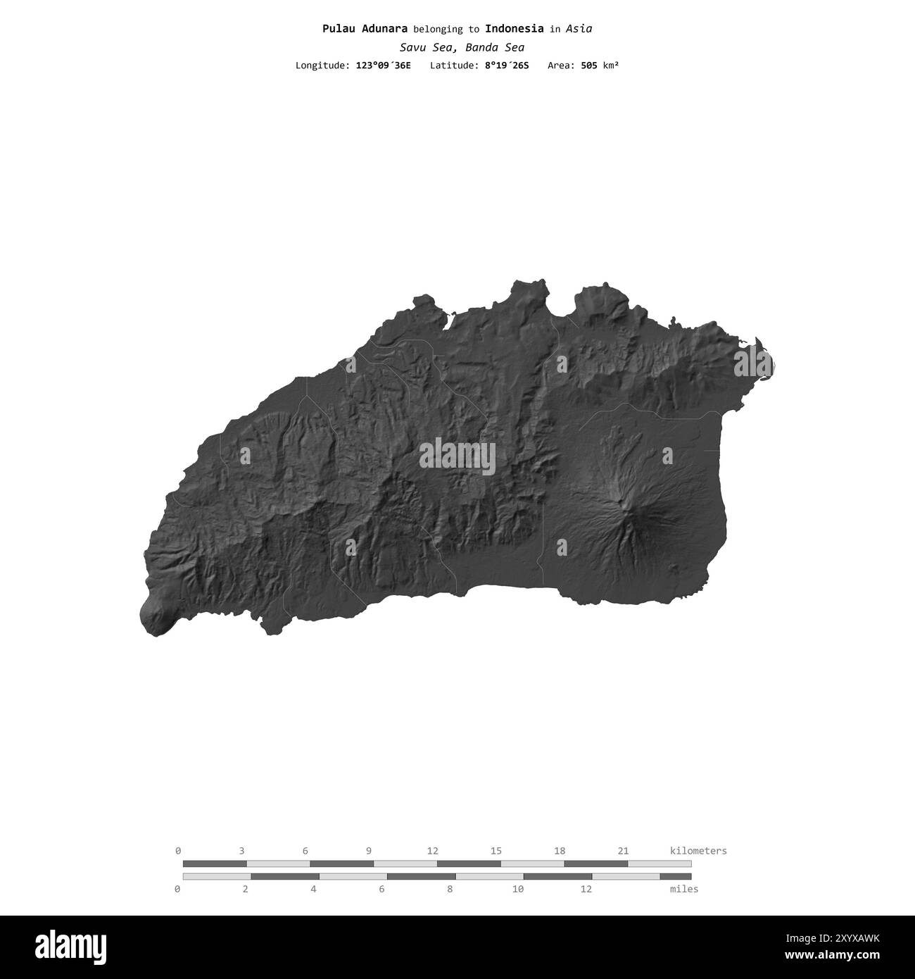Pulau Adunara dans la mer de Savu, appartenant à l'Indonésie, isolé sur une carte d'altitude à deux niveaux, avec échelle de distance Banque D'Images