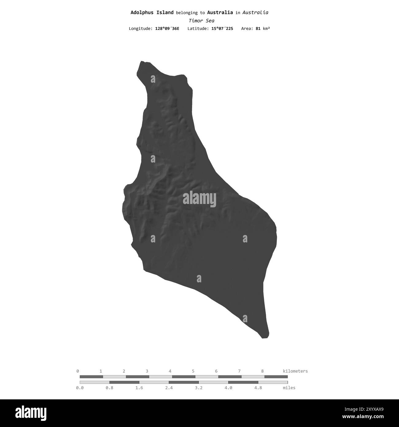 Île Adolphus dans la mer de Timor, appartenant à l'Australie, isolée sur une carte d'altitude à deux niveaux, avec échelle de distance Banque D'Images