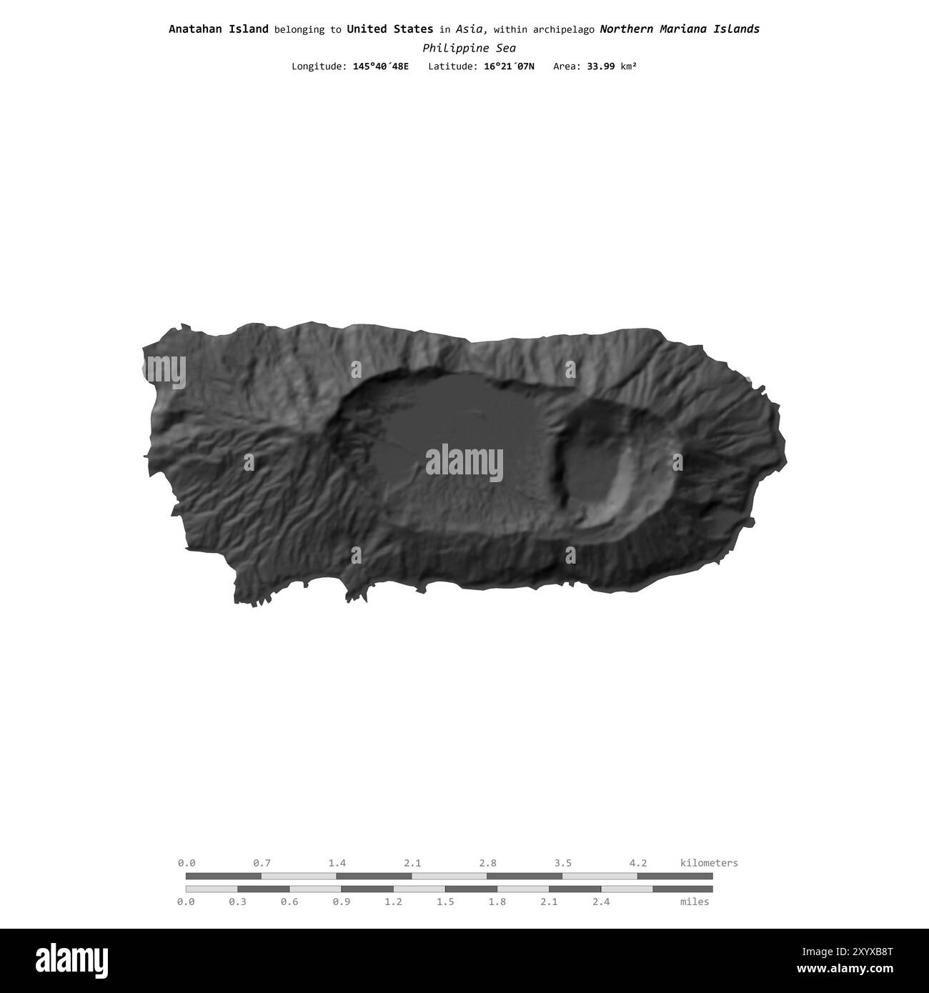 Île d'Anatahan dans la mer des Philippines, appartenant aux États-Unis, isolée sur une carte d'altitude à deux niveaux, avec échelle de distance Banque D'Images