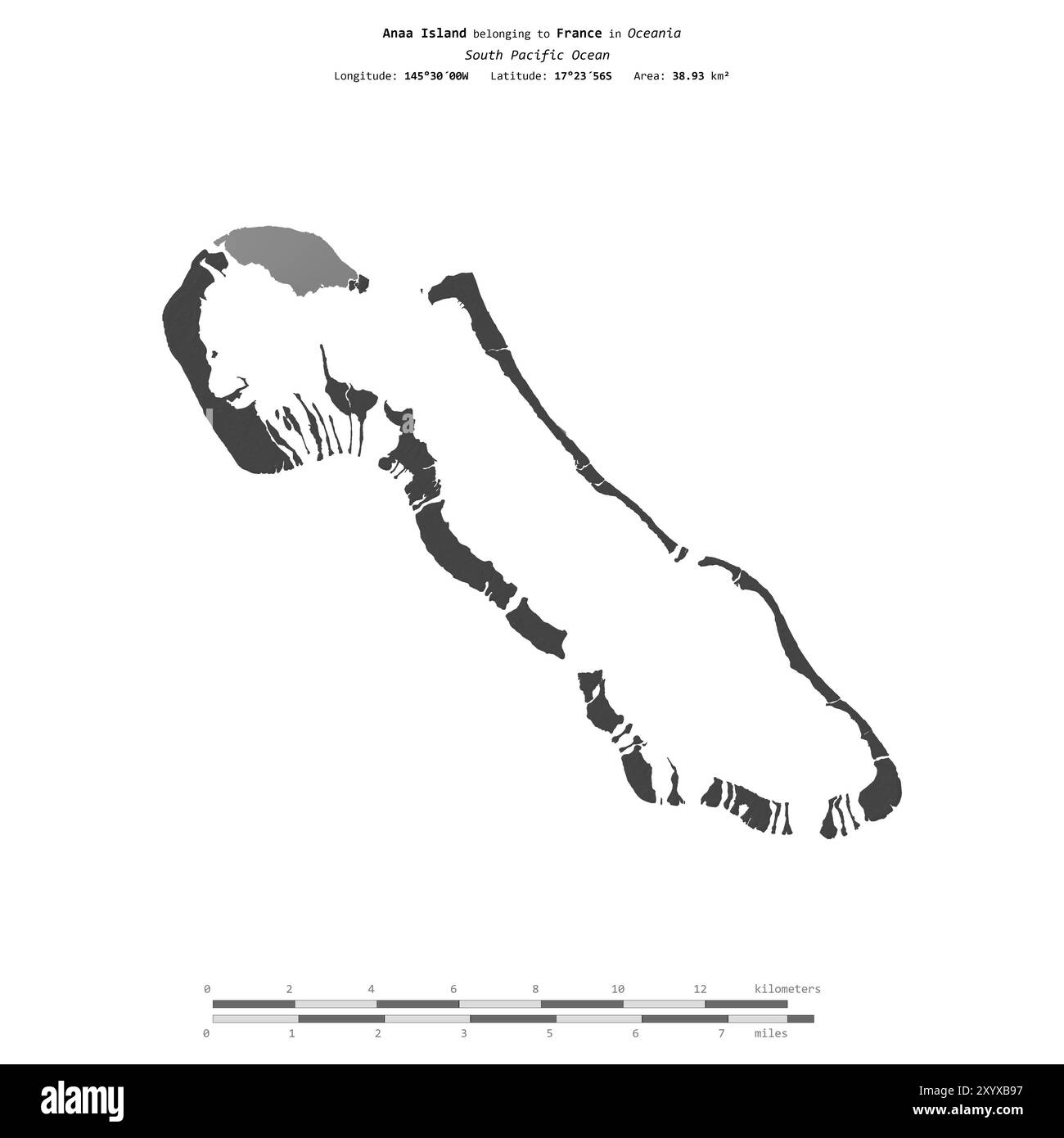 Île d'Anaa dans l'océan Pacifique Sud, appartenant à la France, isolée sur une carte d'altitude à deux niveaux, avec échelle de distance Banque D'Images
