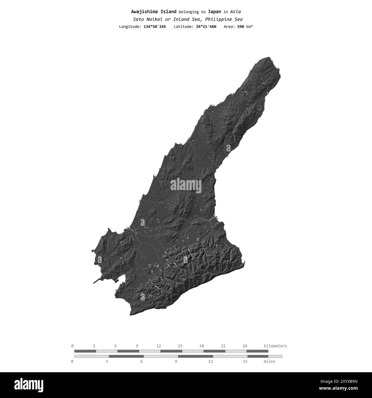 Île d'Awajishima dans la mer des Philippines, appartenant au Japon, isolée sur une carte d'altitude à deux niveaux, avec échelle de distance Banque D'Images