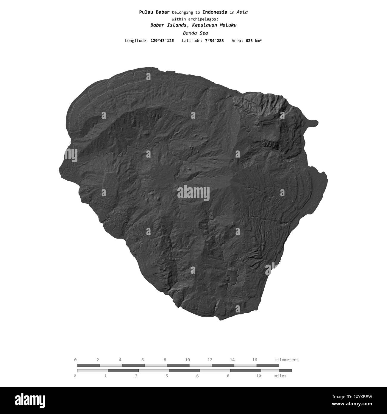 Pulau Babar dans la mer de Banda, appartenant à l'Indonésie, isolé sur une carte d'altitude à deux niveaux, avec échelle de distance Banque D'Images