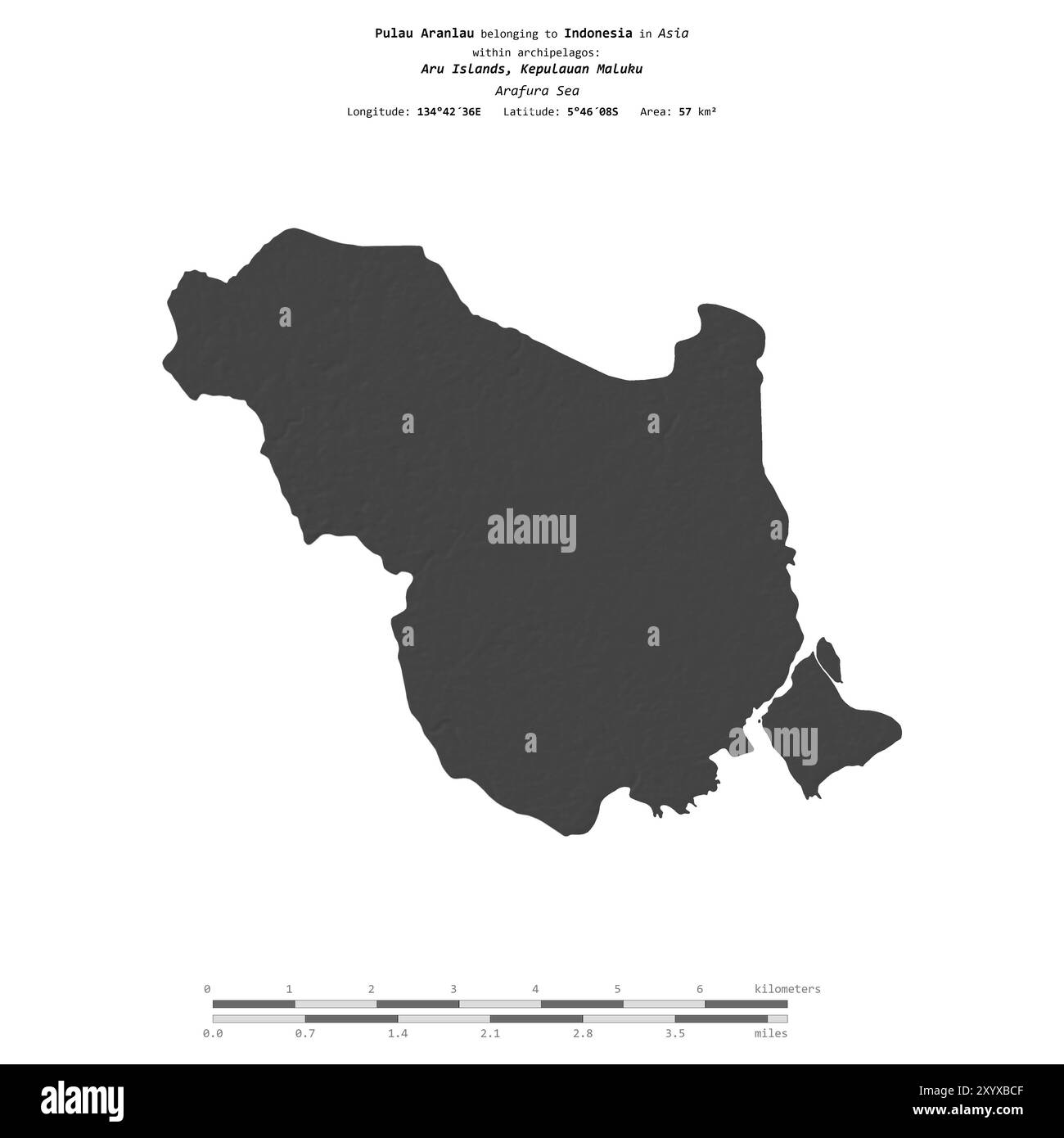 Pulau Aranlau dans la mer d'Arafura, appartenant à l'Indonésie, isolé sur une carte d'altitude à deux niveaux, avec échelle de distance Banque D'Images
