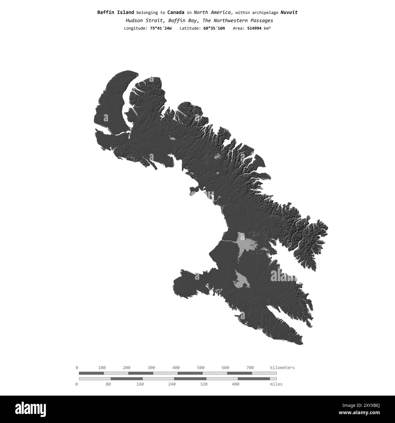 Île de Baffin dans la baie de Baffin, appartenant au Canada, isolée sur une carte d'altitude à deux niveaux, avec échelle de distance Banque D'Images