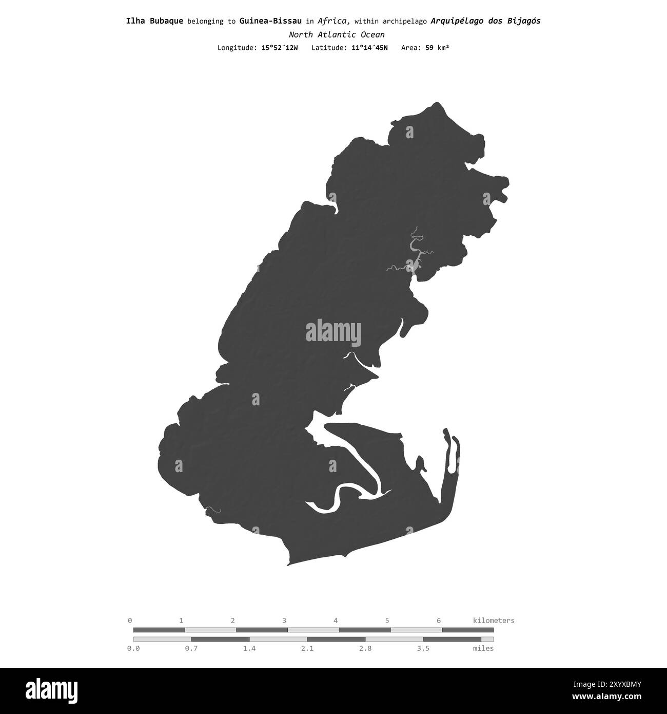 Ilha Bubaque dans l'océan Atlantique Nord, appartenant à la Guinée-Bissau, isolée sur une carte d'altitude à deux niveaux, avec échelle de distance Banque D'Images