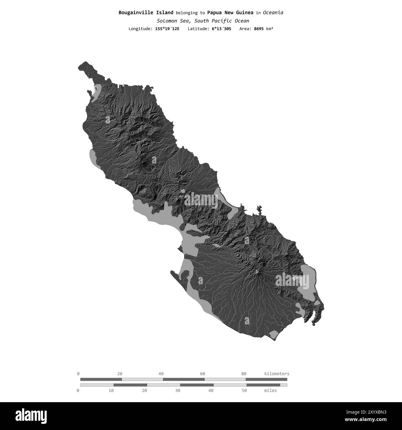 Île de Bougainville dans la mer de Salomon, appartenant à la Papouasie-Nouvelle-Guinée, isolée sur une carte d'altitude à deux niveaux, avec échelle de distance Banque D'Images