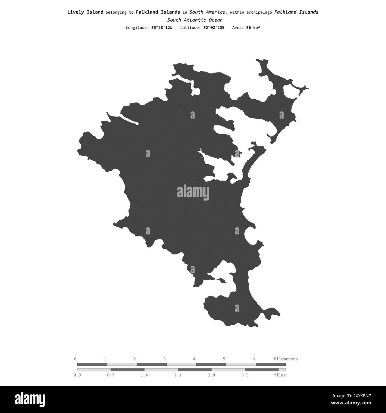 Île animée dans l'océan Atlantique Sud, appartenant aux îles Falkland, isolée sur une carte d'altitude à deux niveaux, avec échelle de distance Banque D'Images