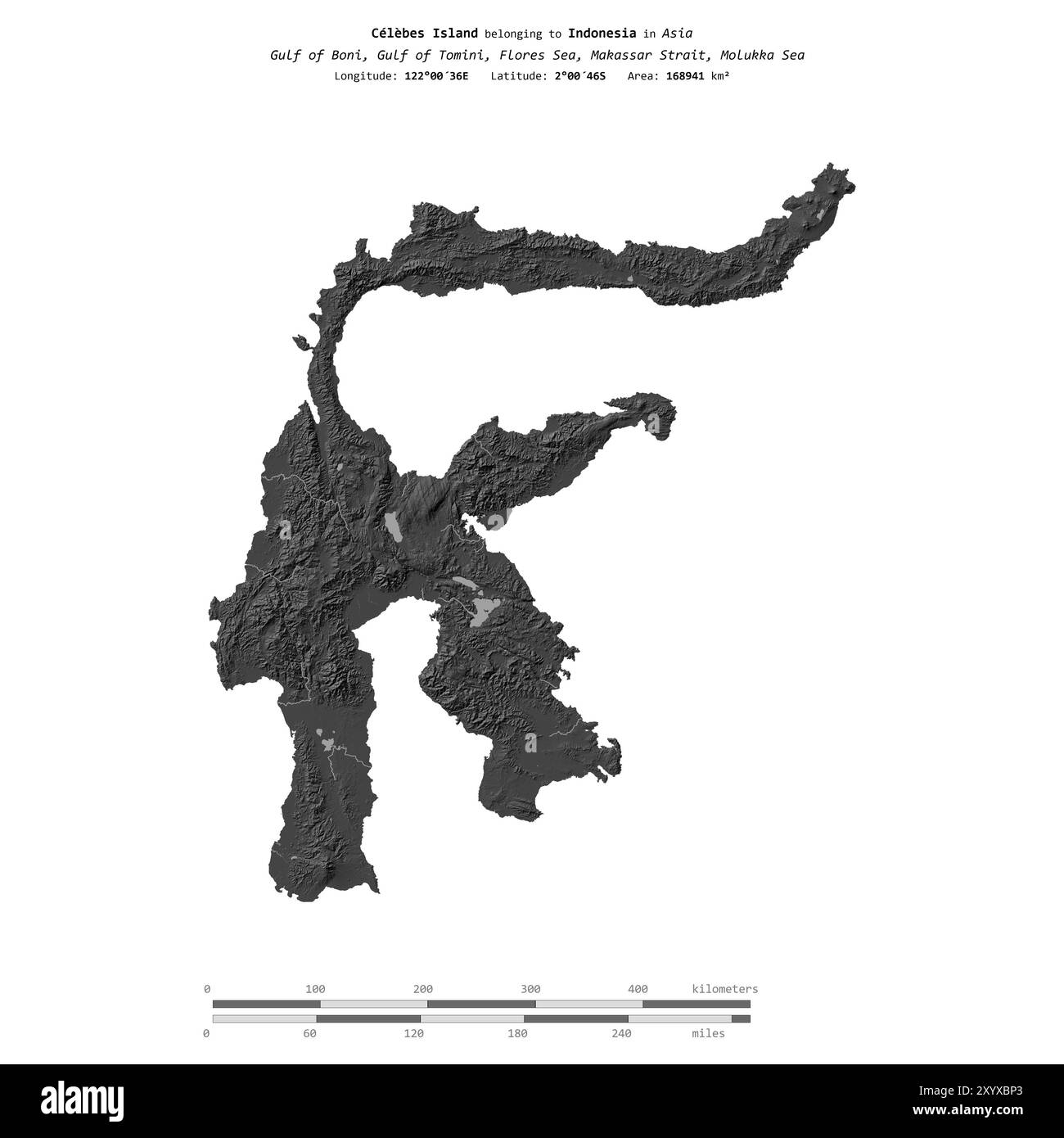 Île des Célèbes dans la mer de Java, appartenant à l'Indonésie, isolée sur une carte d'altitude à deux niveaux, avec échelle de distance Banque D'Images
