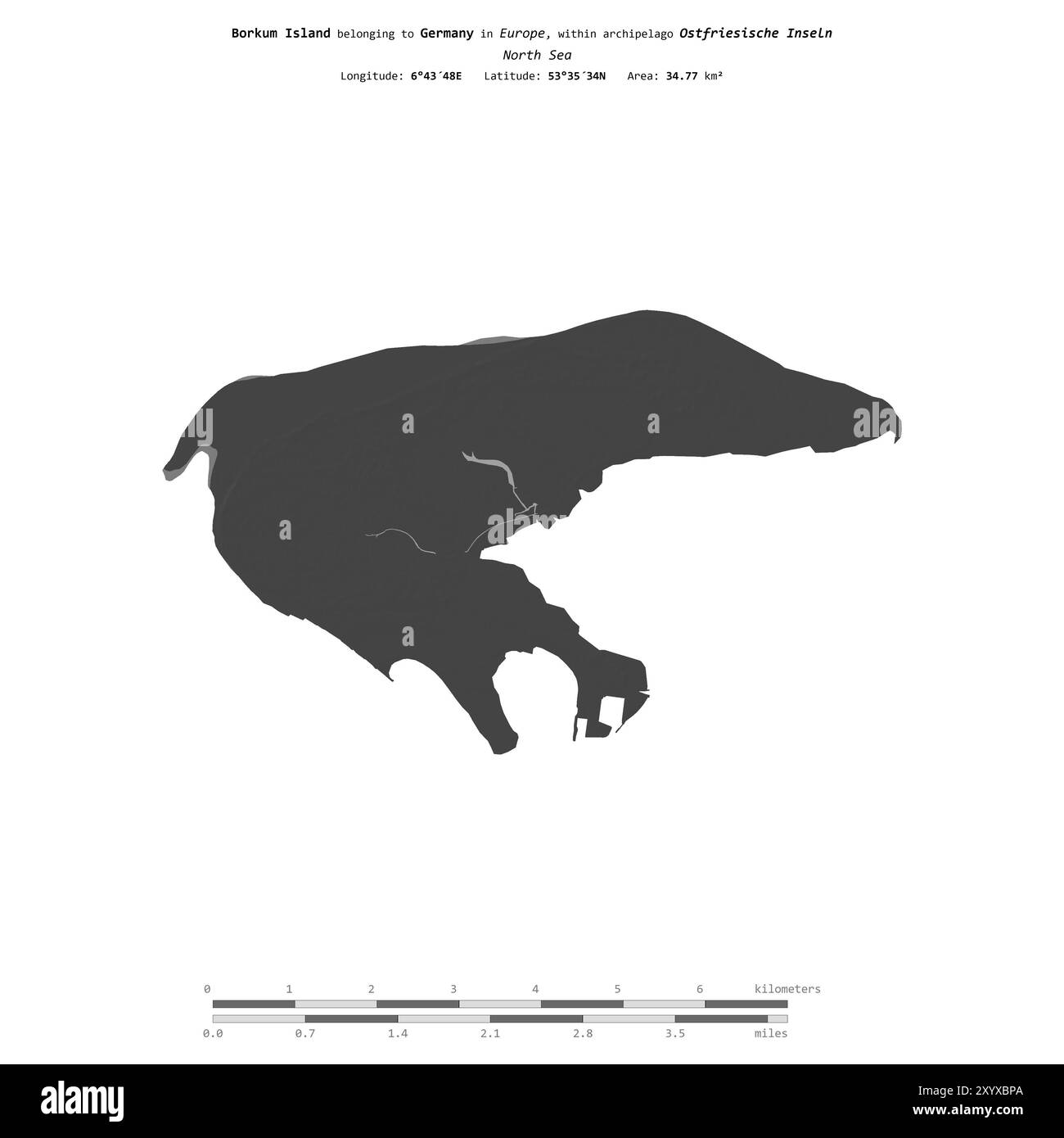 Île de Borkum dans la mer du Nord, appartenant à l'Allemagne, isolée sur une carte d'altitude à deux niveaux, avec échelle de distance Banque D'Images