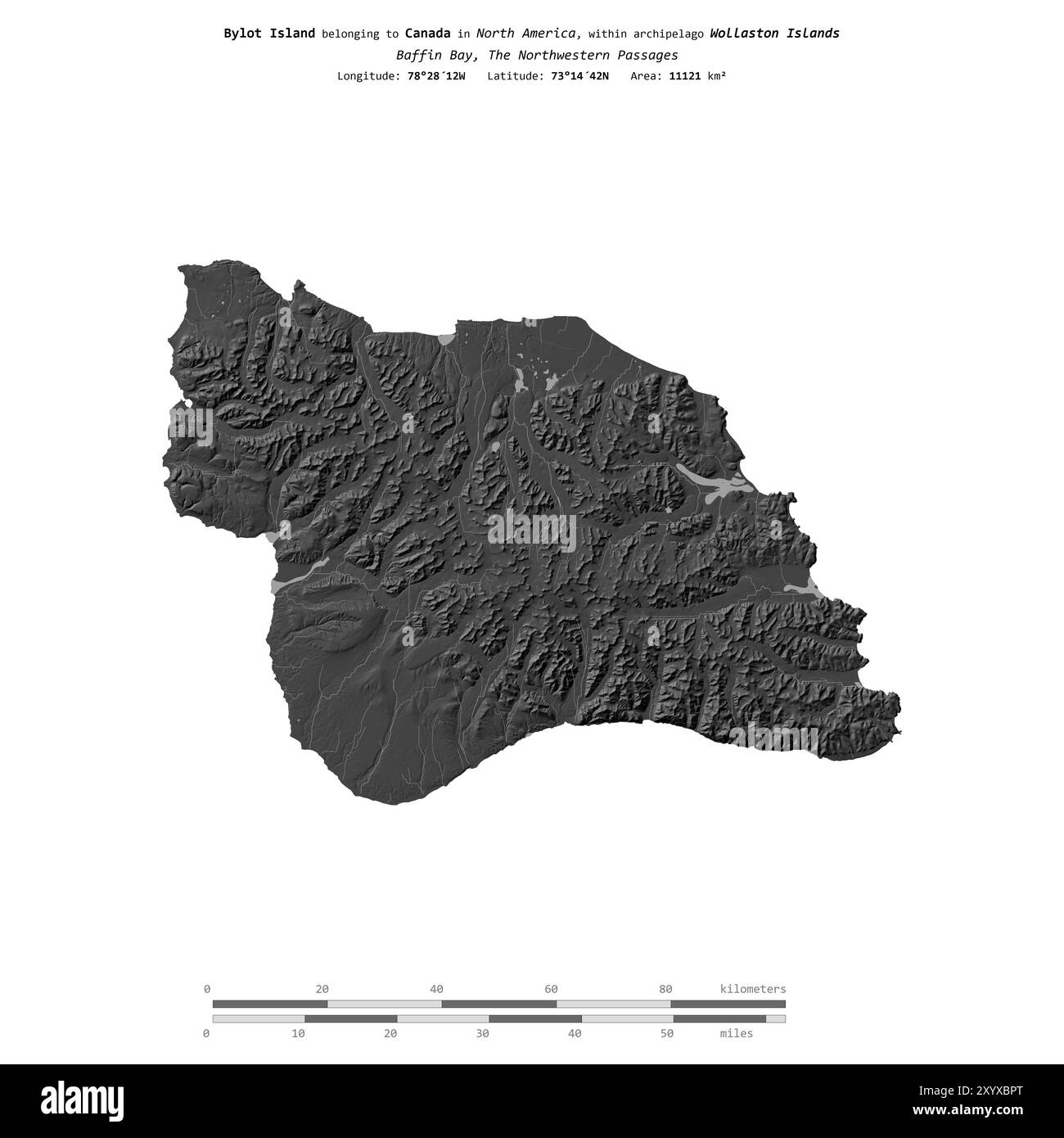 Île Bylot dans la baie de Baffin, appartenant au Canada, isolée sur une carte à deux niveaux, avec échelle de distance Banque D'Images