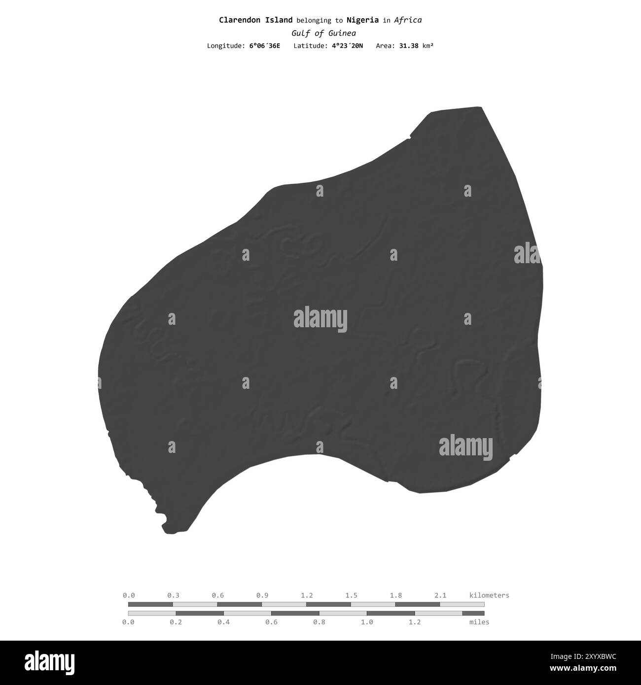 Clarendon Island dans le golfe de Guinée, appartenant au Nigeria, isolé sur une carte d'altitude à deux niveaux, avec échelle de distance Banque D'Images