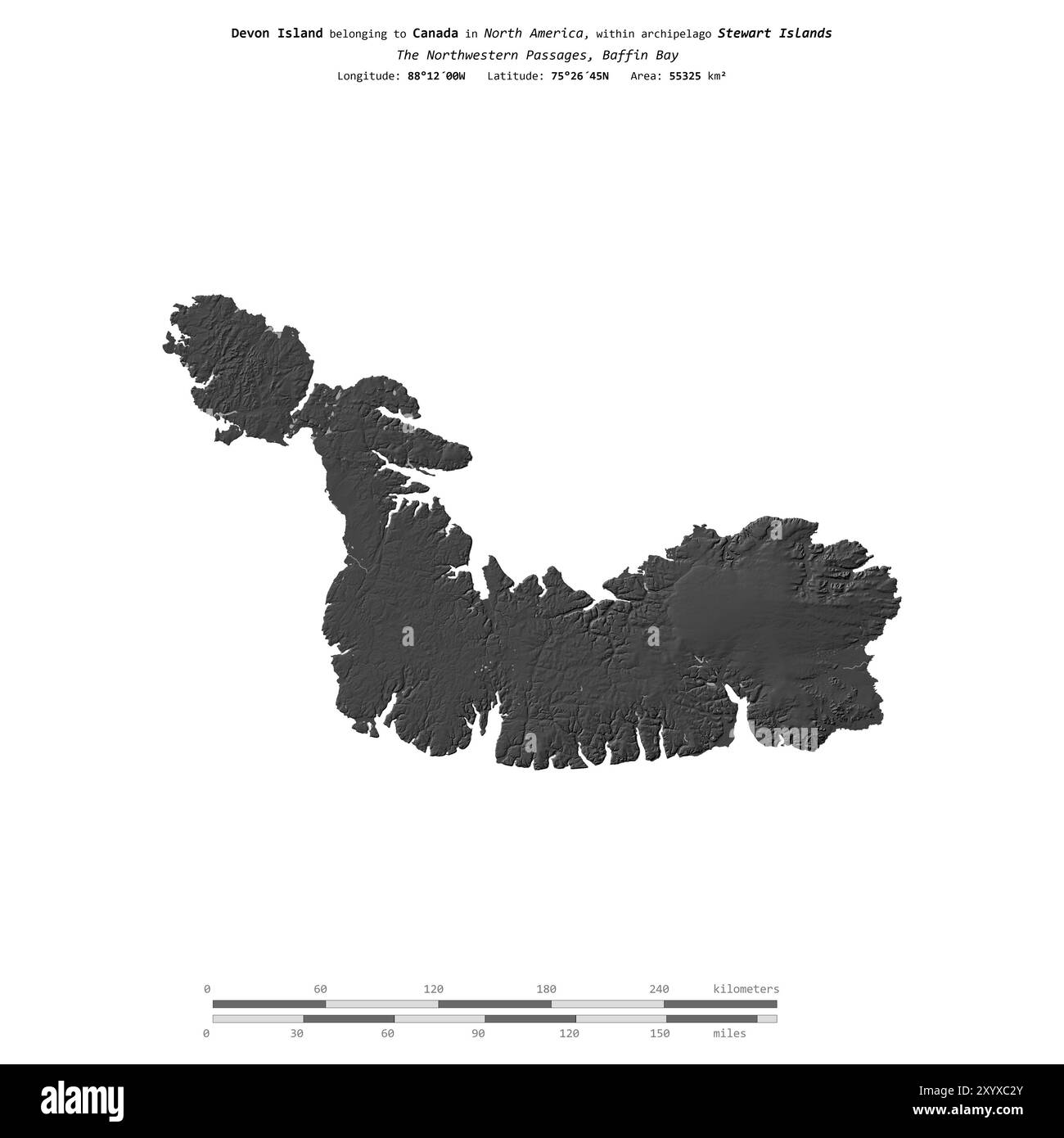 Île Devon dans la baie de Baffin, appartenant au Canada, isolée sur une carte à deux niveaux, avec échelle de distance Banque D'Images