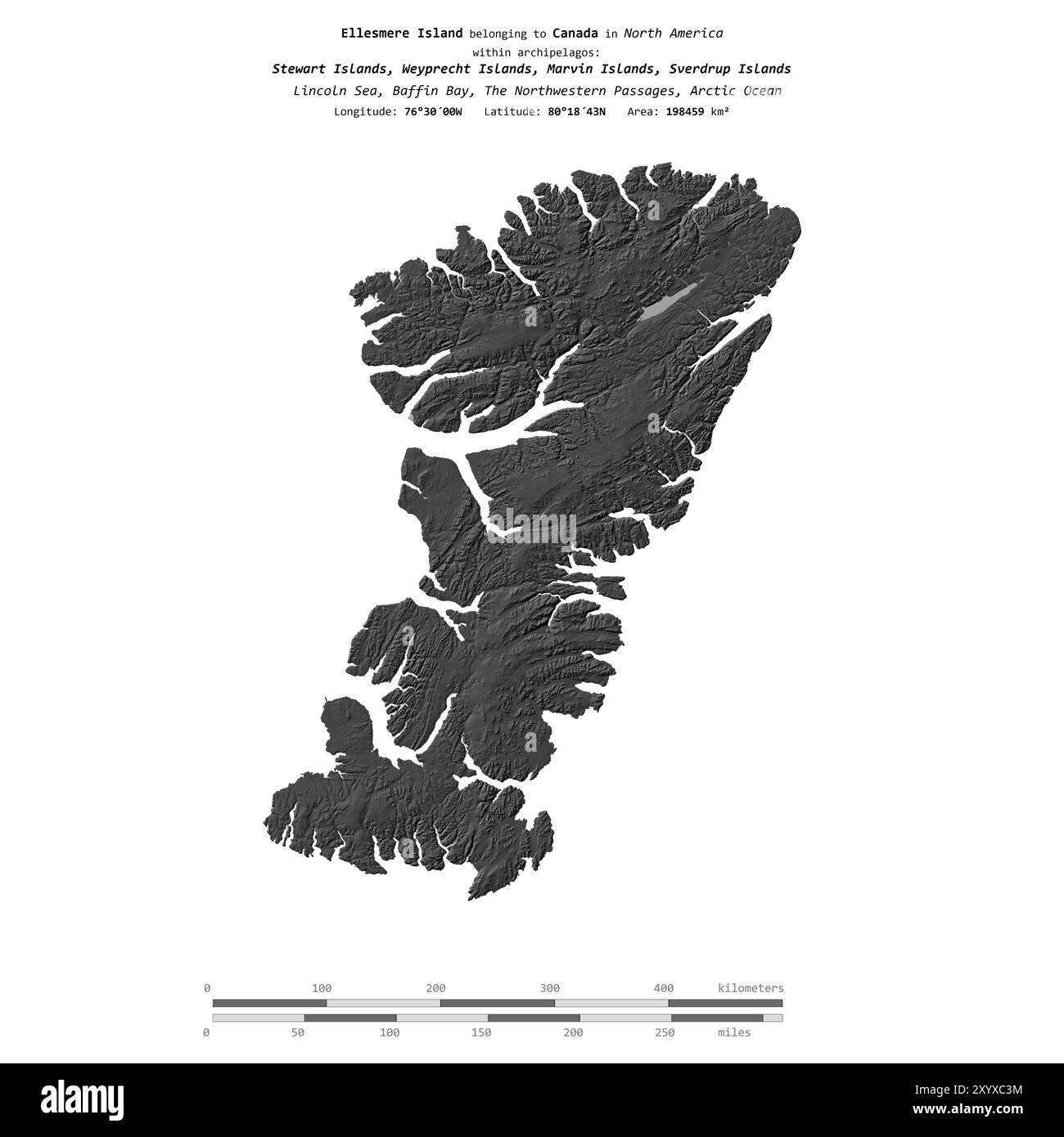 Île Ellesmere dans la baie de Baffin, appartenant au Canada, isolée sur une carte à deux niveaux, avec échelle de distance Banque D'Images