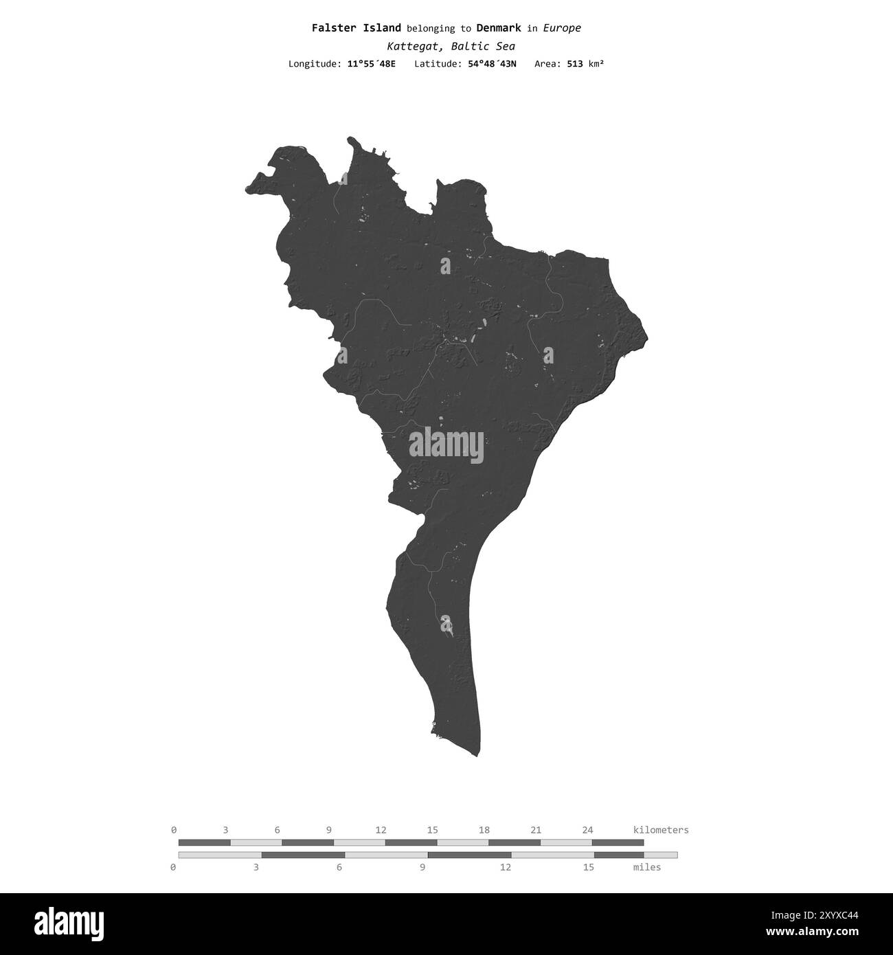 Falster Island dans le Kattegat, appartenant au Danemark, isolé sur une carte d'altitude à deux niveaux, avec échelle de distance Banque D'Images