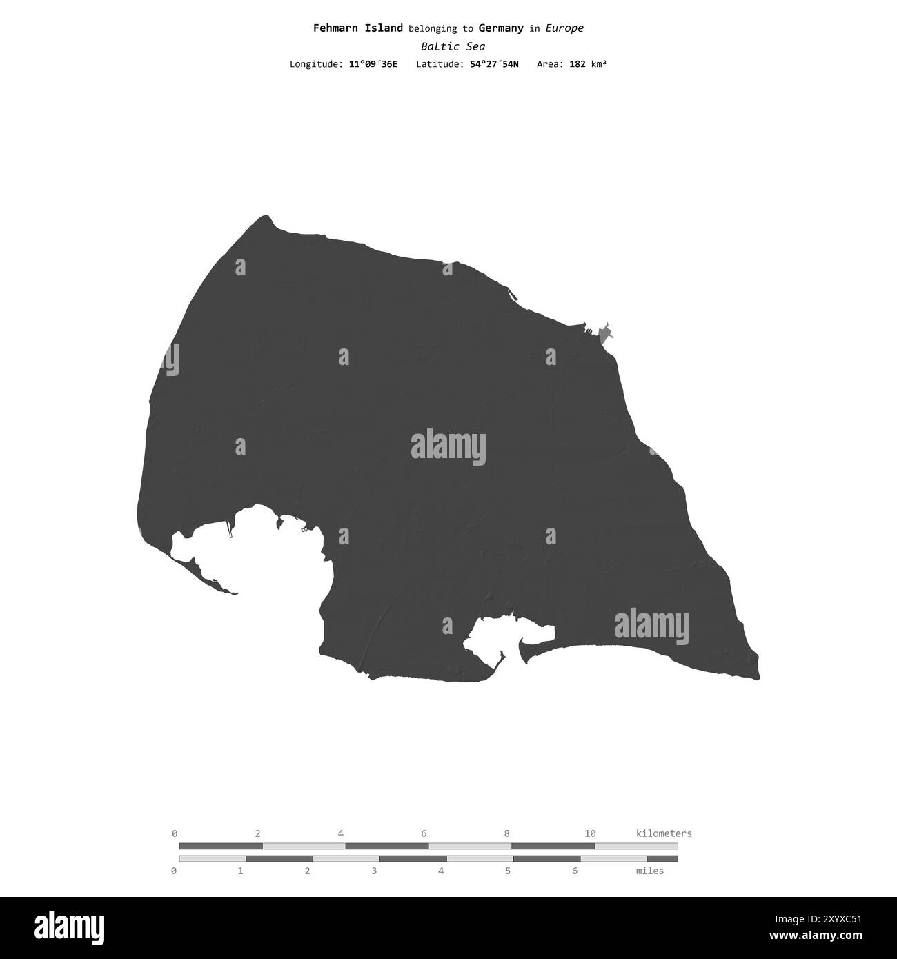 Île de Fehmarn dans la mer Baltique, appartenant à l'Allemagne, isolée sur une carte d'altitude à deux niveaux, avec échelle de distance Banque D'Images