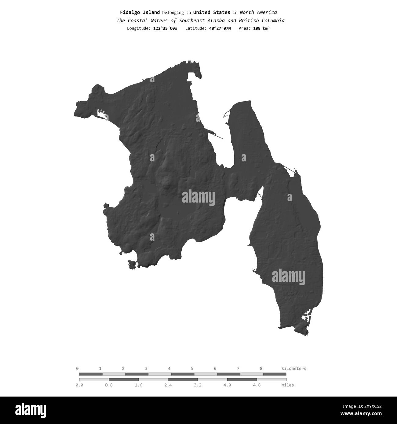 Fidalgo Island dans les eaux côtières du sud-est de l'Alaska et de la Colombie-Britannique, appartenant aux États-Unis, isolé sur une carte d'altitude à deux niveaux, wi Banque D'Images