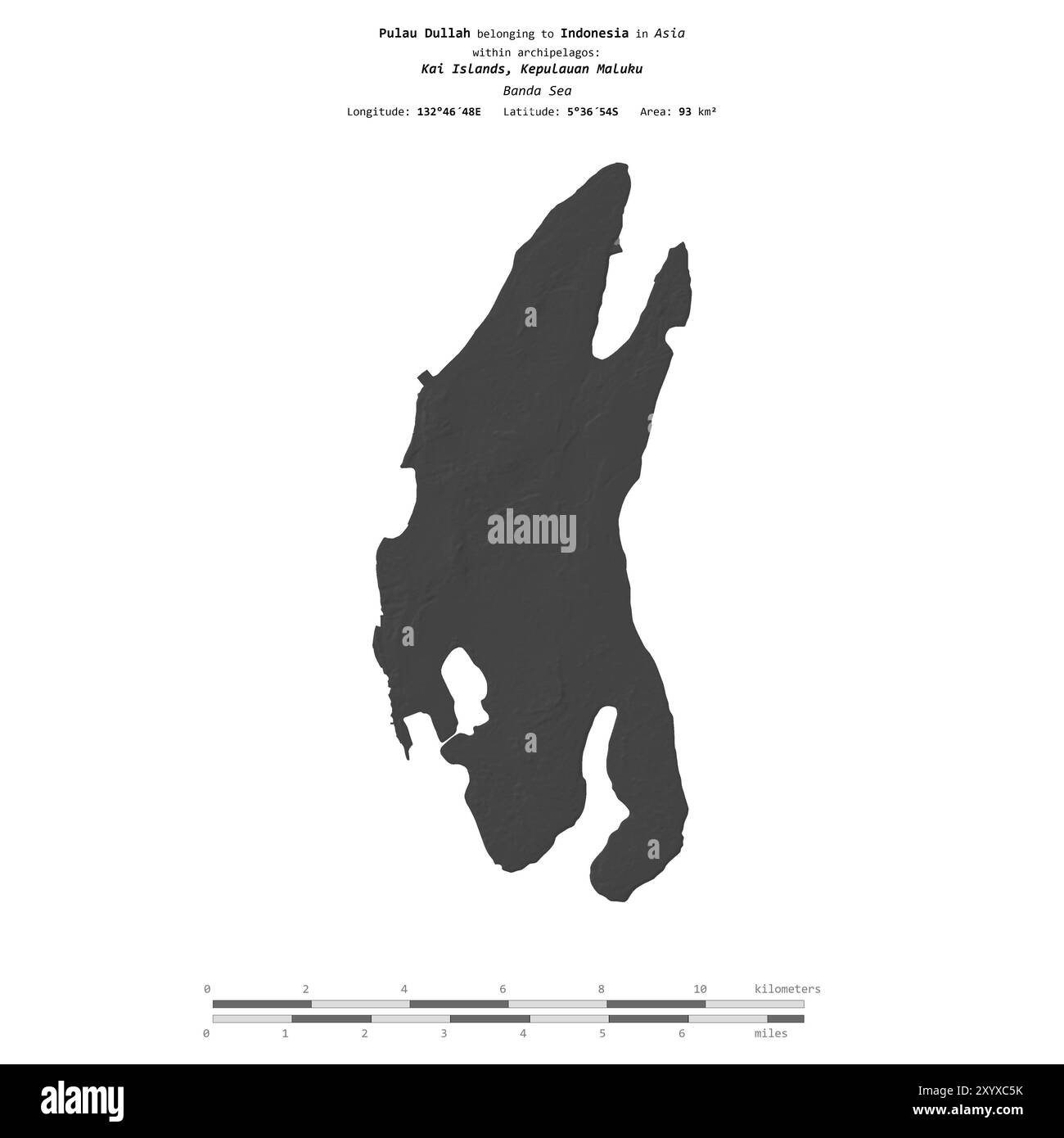 Pulau Dullah dans la mer de Banda, appartenant à l'Indonésie, isolé sur une carte d'altitude à deux niveaux, avec échelle de distance Banque D'Images