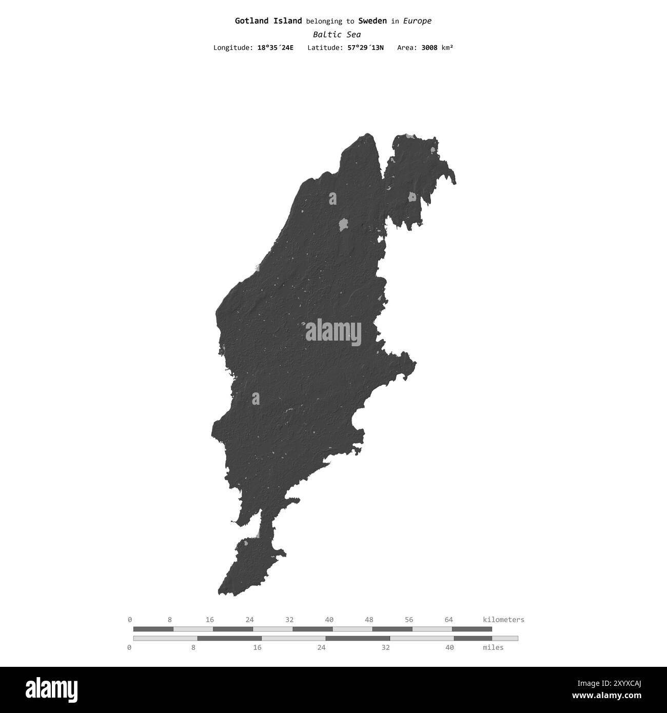 Île de Gotland dans la mer Baltique, appartenant à la Suède, isolée sur une carte d'altitude à deux niveaux, avec échelle de distance Banque D'Images