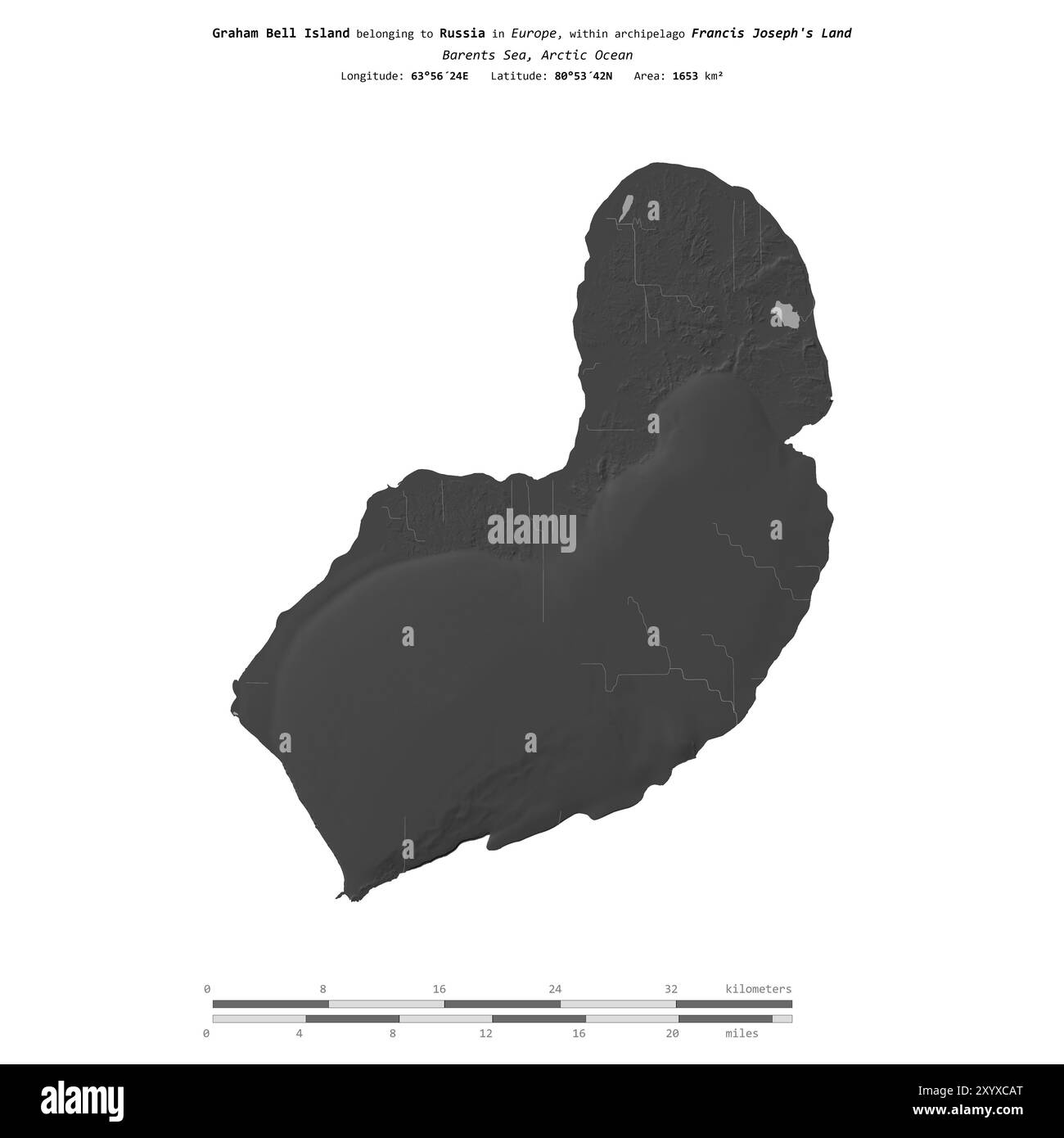 Graham Bell Island dans la mer de Barents, appartenant à la Russie, isolé sur une carte d'altitude à deux niveaux, avec échelle de distance Banque D'Images