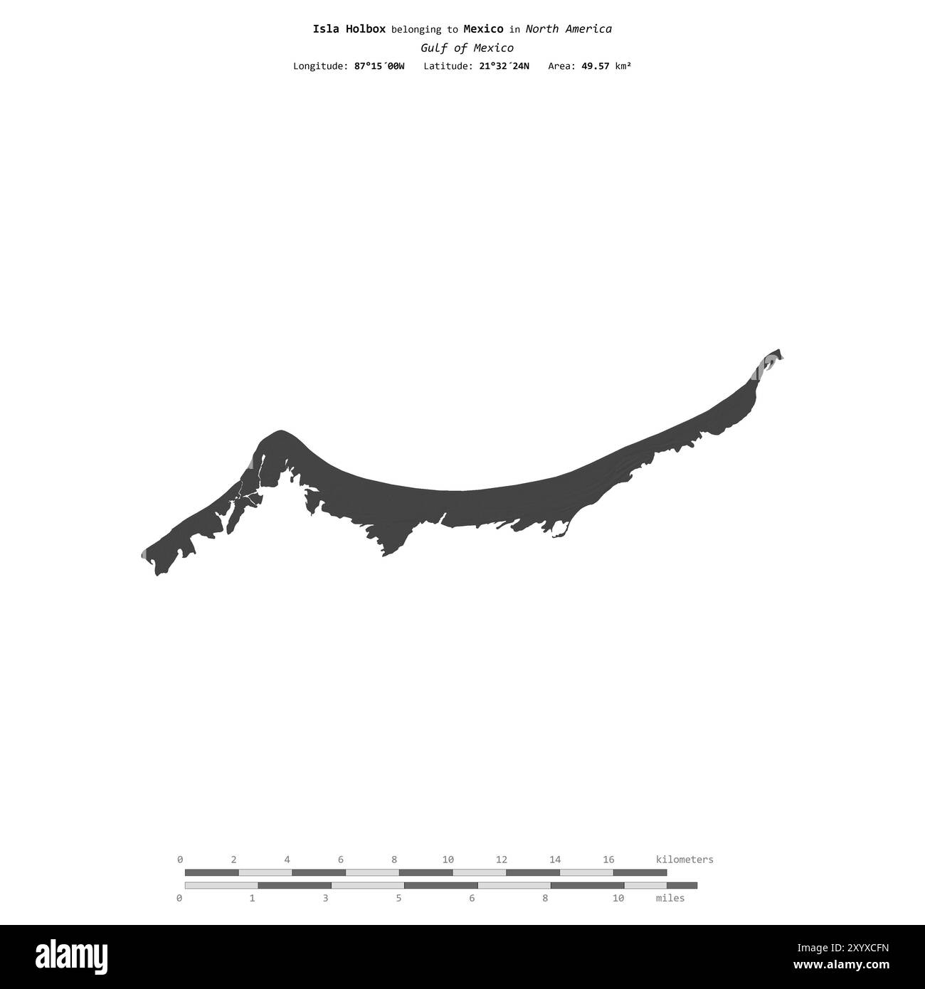 Isla Holbox dans le golfe du Mexique, appartenant au Mexique, isolé sur une carte d'altitude à deux niveaux, avec échelle de distance Banque D'Images