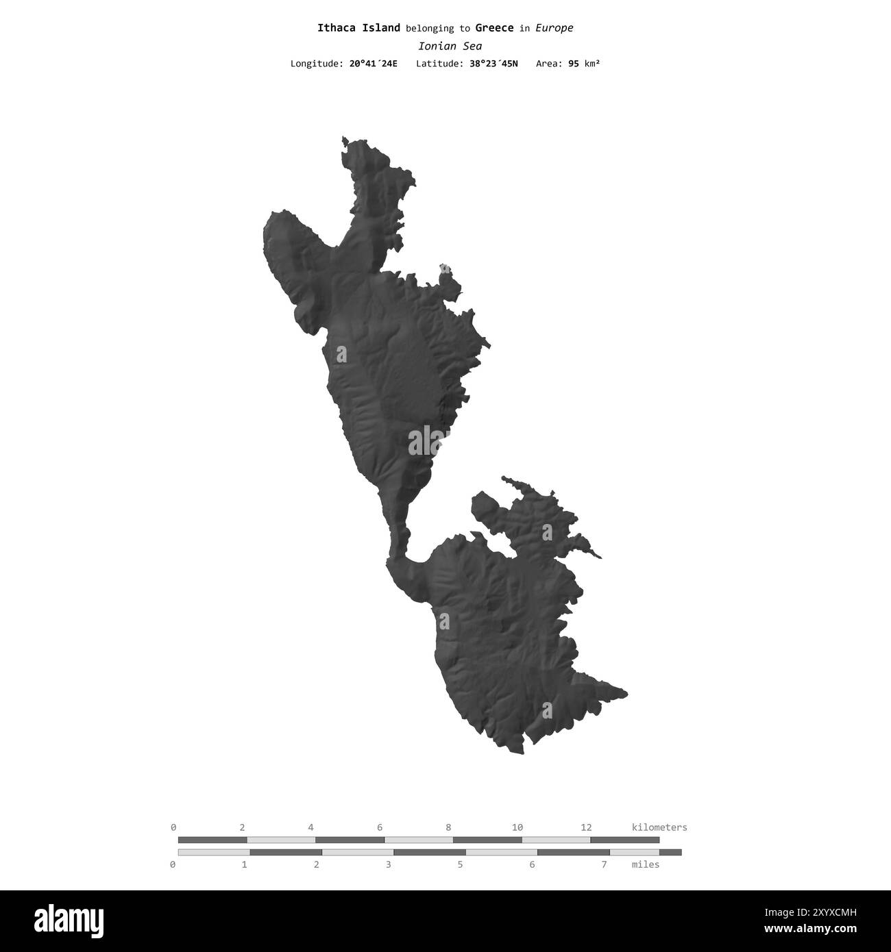 Île Ithaca dans la mer Ionienne, appartenant à la Grèce, isolée sur une carte d'altitude à deux niveaux, avec échelle de distance Banque D'Images