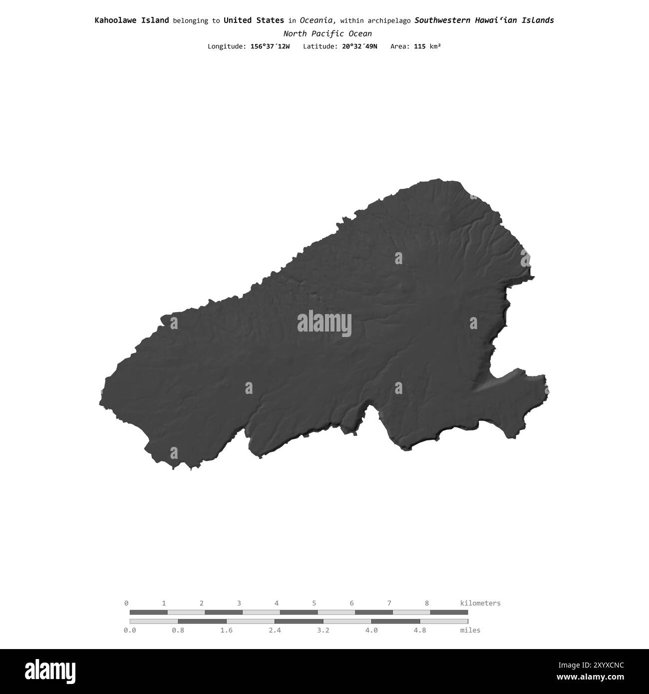 Île Kahoolawe dans l'océan Pacifique Nord, appartenant aux États-Unis, isolée sur une carte d'altitude à deux niveaux, avec échelle de distance Banque D'Images