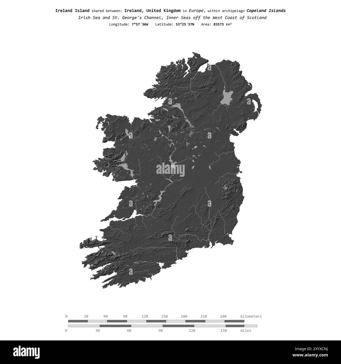 Île d'Irlande dans la mer Celtique, partagée entre : Irlande, Royaume-Uni, isolé sur une carte d'altitude à deux niveaux, avec échelle de distance Banque D'Images Île d'Irlande dans la mer Celtique, partagée entre : Irlande, Royaume-Uni, isolé sur une carte d'altitude à deux niveaux, avec échelle de distance Banque D'Images