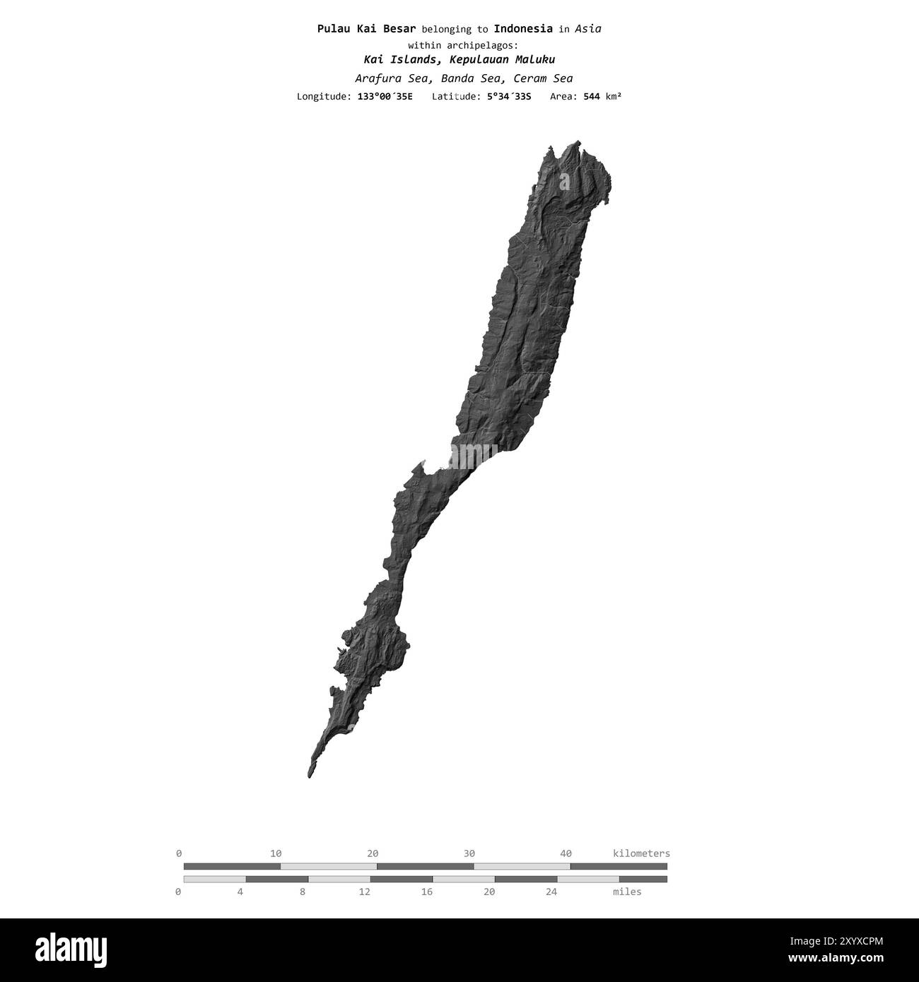 Pulau Kai Besar dans la mer de Banda, appartenant à l'Indonésie, isolé sur une carte d'altitude à deux niveaux, avec échelle de distance Banque D'Images