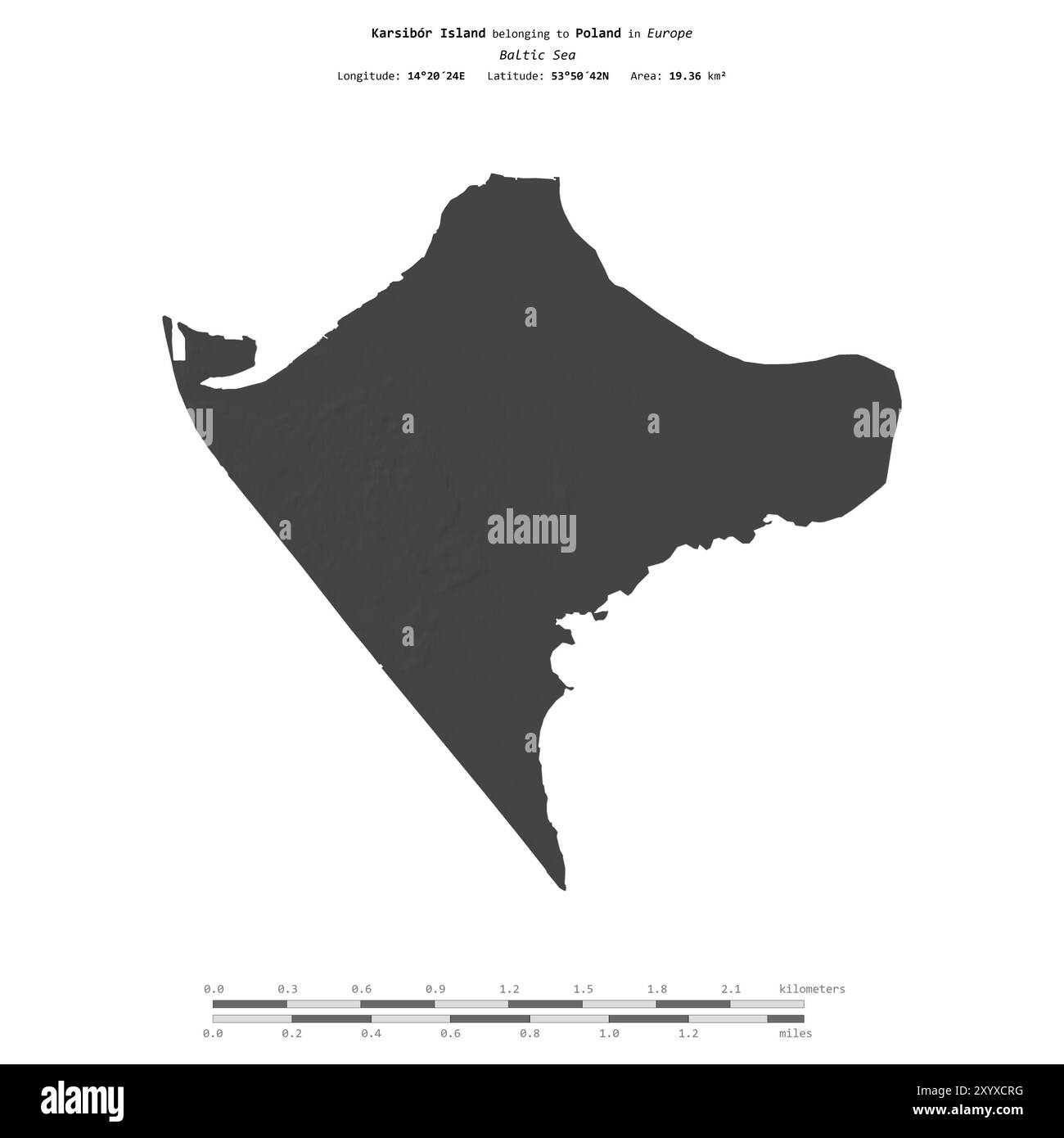 Île de Karsibor dans la mer Baltique, appartenant à la Pologne, isolée sur une carte d'altitude à deux niveaux, avec échelle de distance Banque D'Images