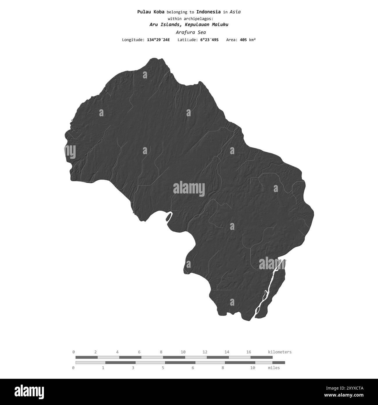 Pulau Koba dans la mer d'Arafura, appartenant à l'Indonésie, isolé sur une carte d'altitude à deux niveaux, avec échelle de distance Banque D'Images