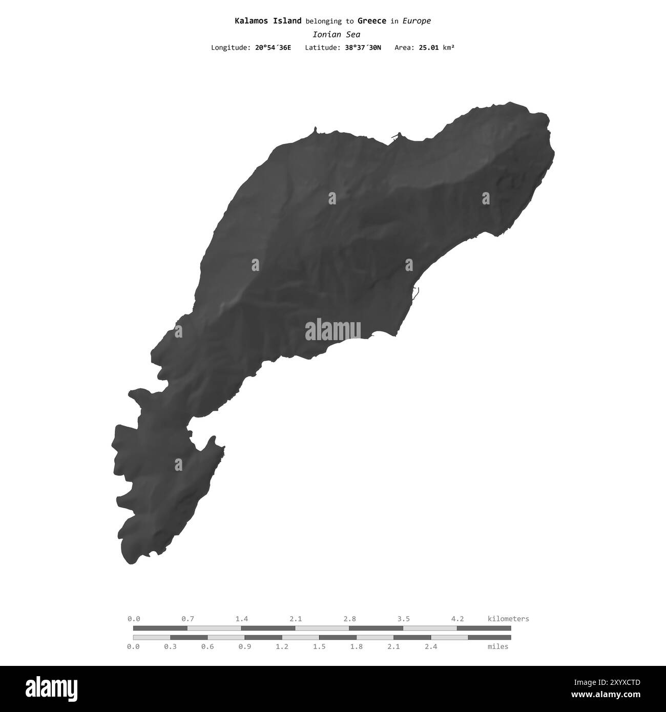Île de Kalamos dans la mer Ionienne, appartenant à la Grèce, isolée sur une carte d'altitude à deux niveaux, avec échelle de distance Banque D'Images