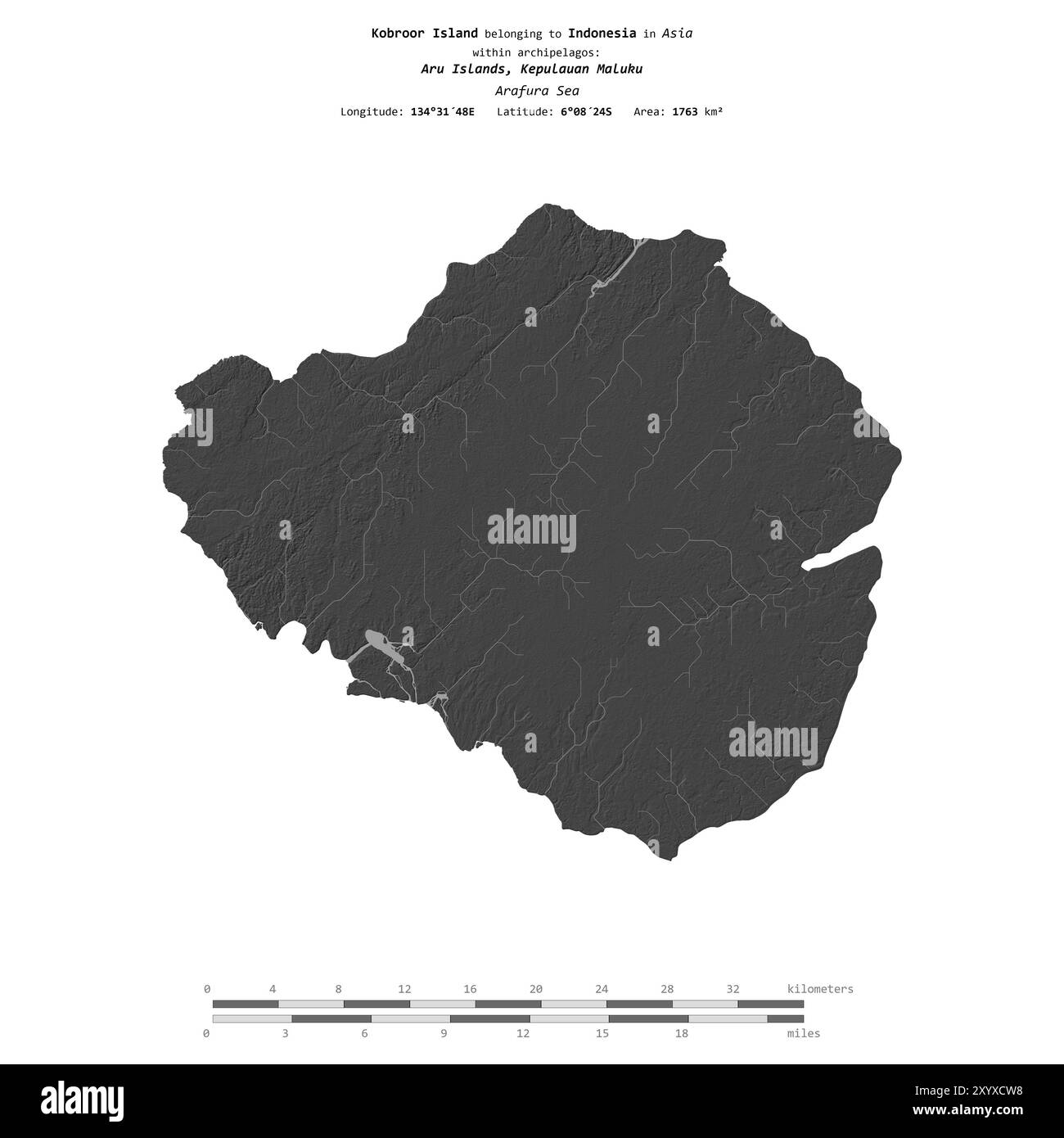 Île de Kobroor dans la mer d'Arafura, appartenant à l'Indonésie, isolée sur une carte d'altitude à deux niveaux, avec échelle de distance Banque D'Images