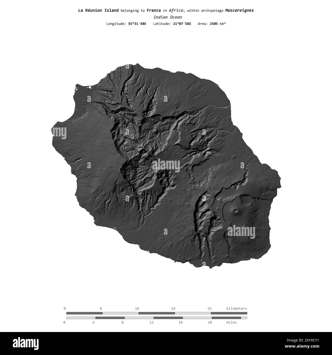 Île de la Réunion dans l'Océan Indien, appartenant à la France, isolée sur une carte d'altitude à deux niveaux, avec échelle de distance Banque D'Images